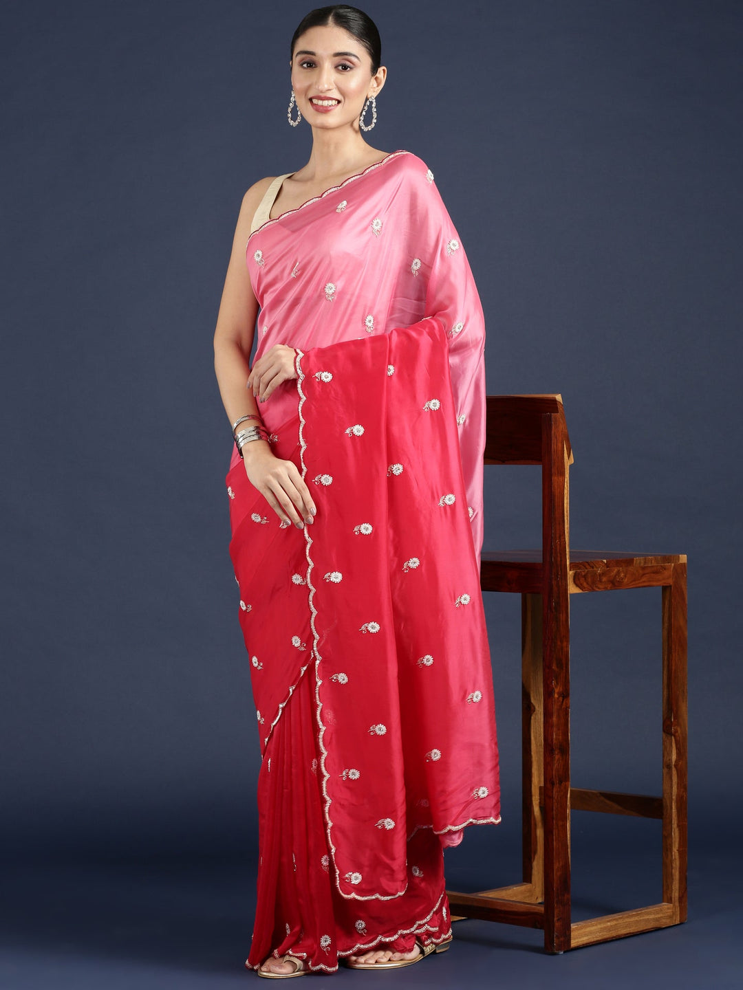 Neerus Pink crepe hand embroidered saree - back view