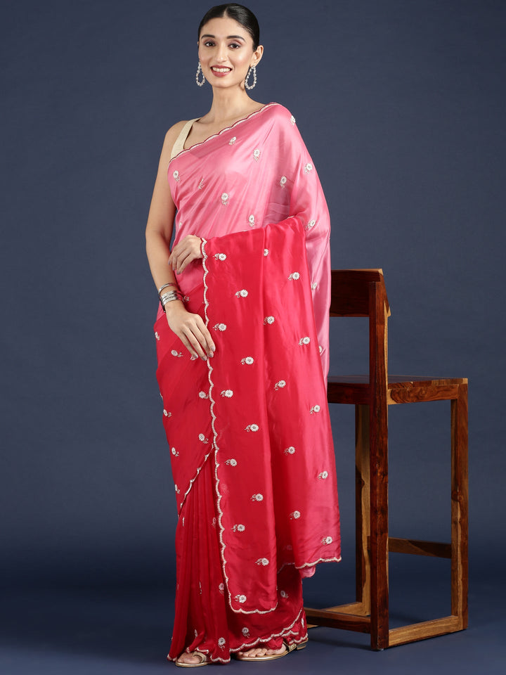 Neerus Pink crepe hand embroidered saree - back view