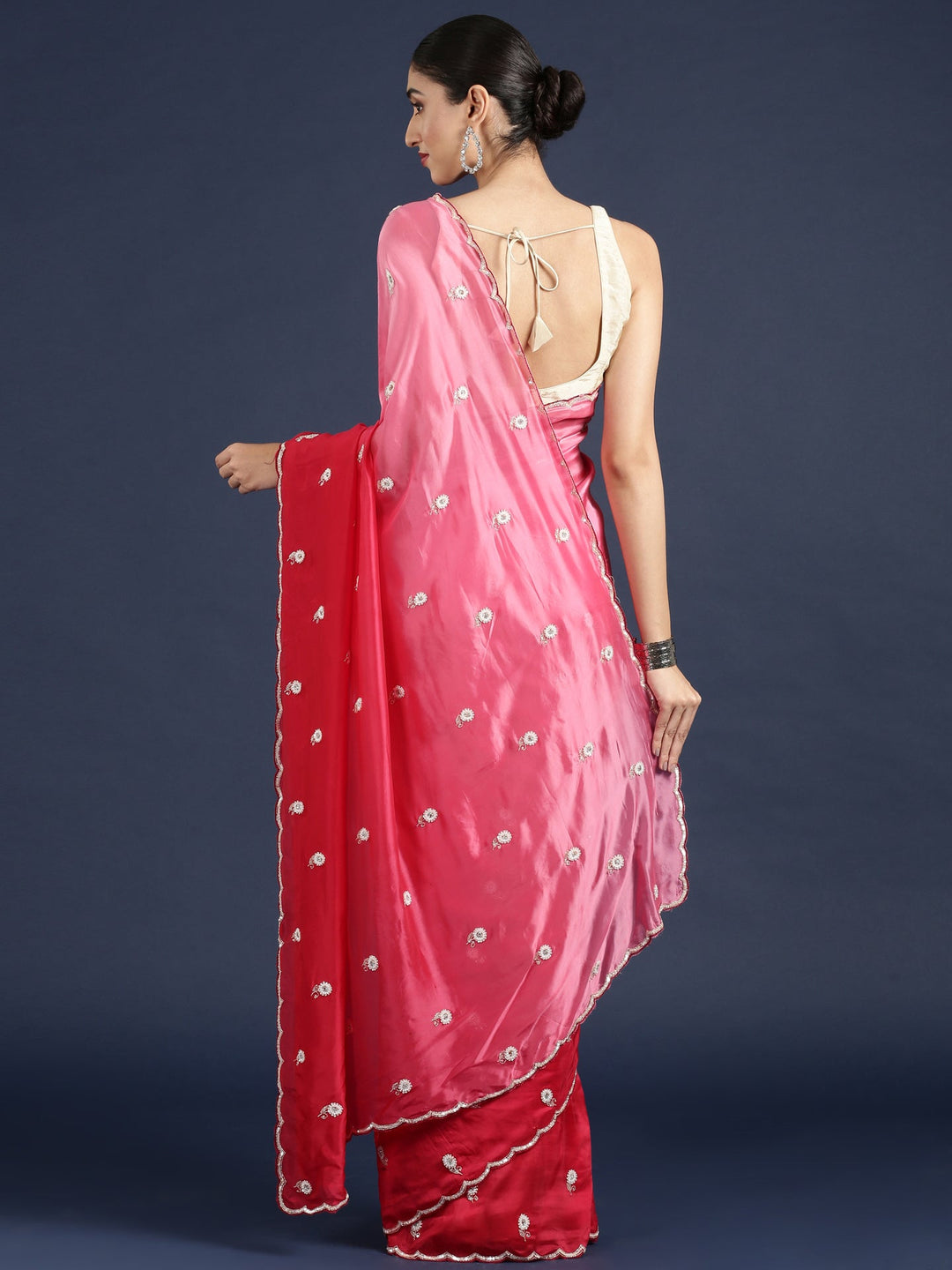Neerus Pink crepe hand embroidered saree - side view