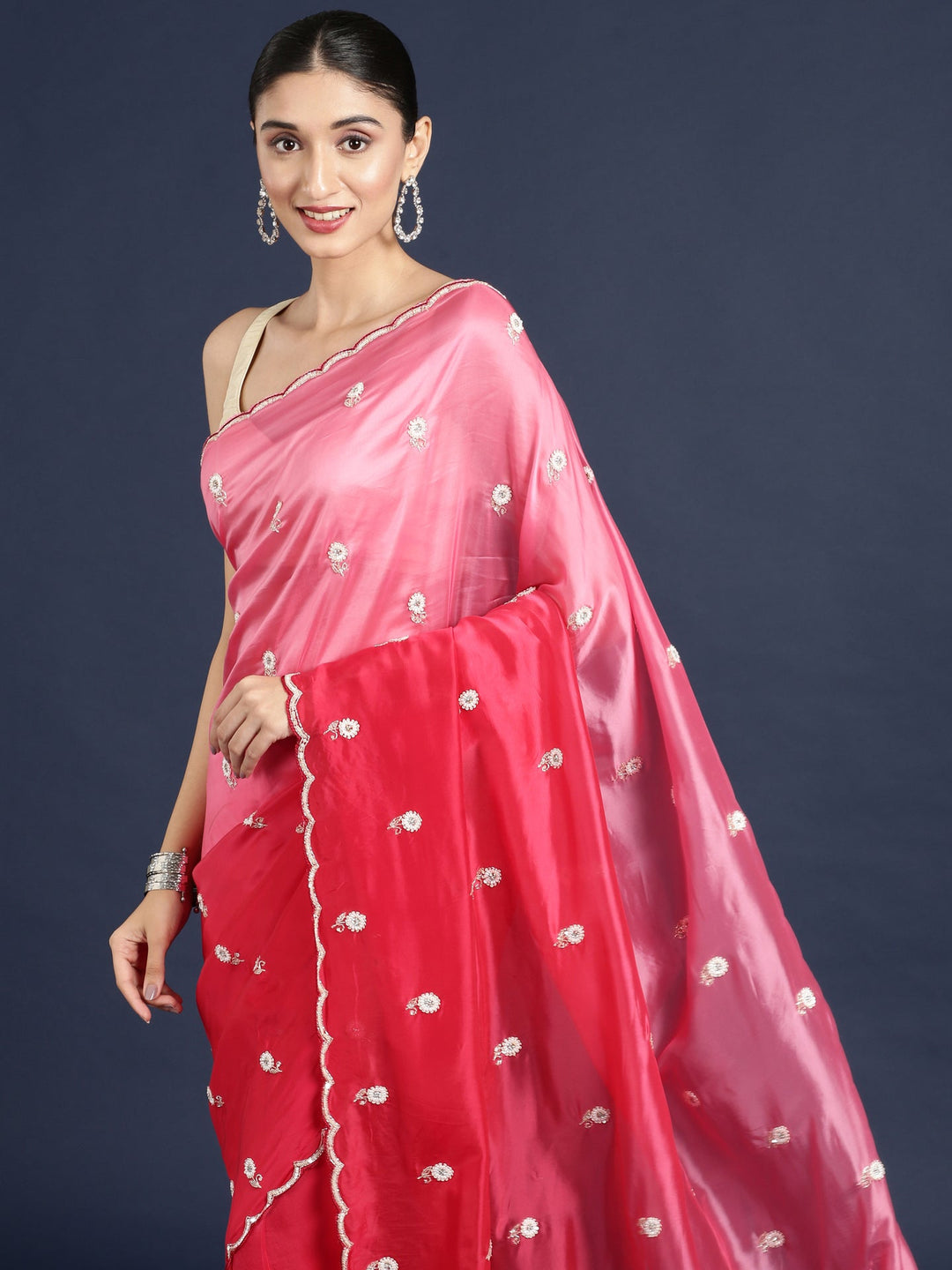 Neerus Pink crepe hand embroidered saree - detail view 1