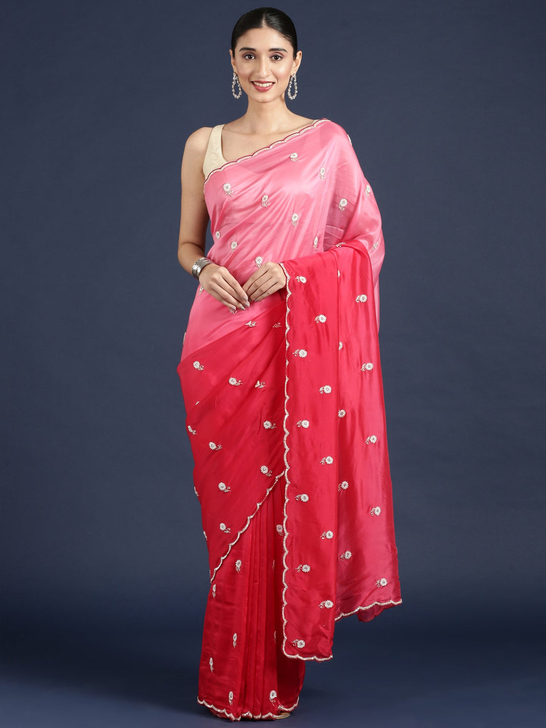 Neerus Pink crepe hand embroidered saree - front view