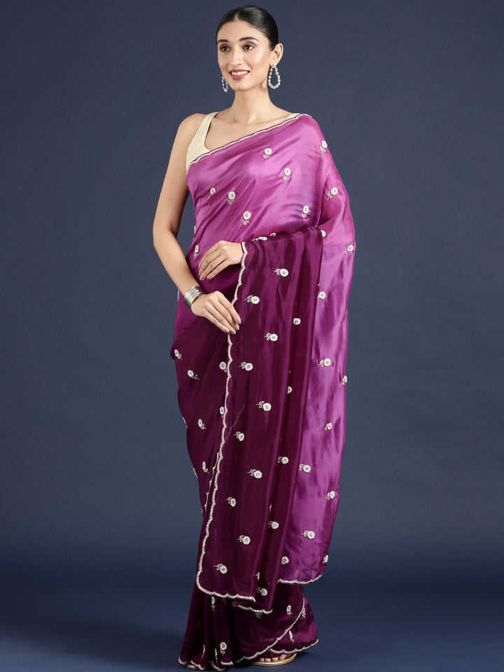 Neerus Purple crepe hand embroidered saree - back view