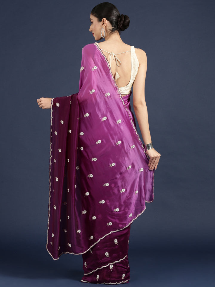 Purple Crepe Hand Embroidery Saree