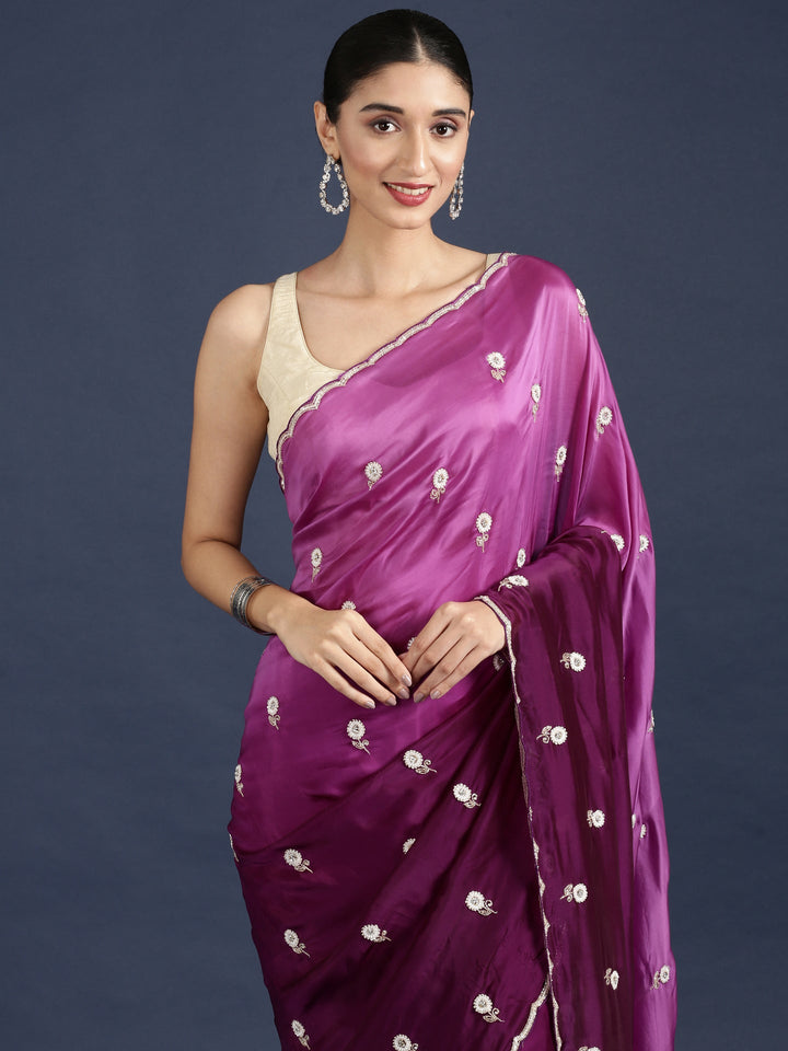 Neerus Purple crepe hand embroidered saree - detail view 1