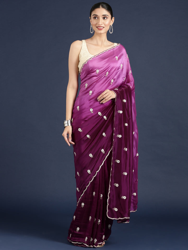 Neerus Purple crepe hand embroidered saree - front view