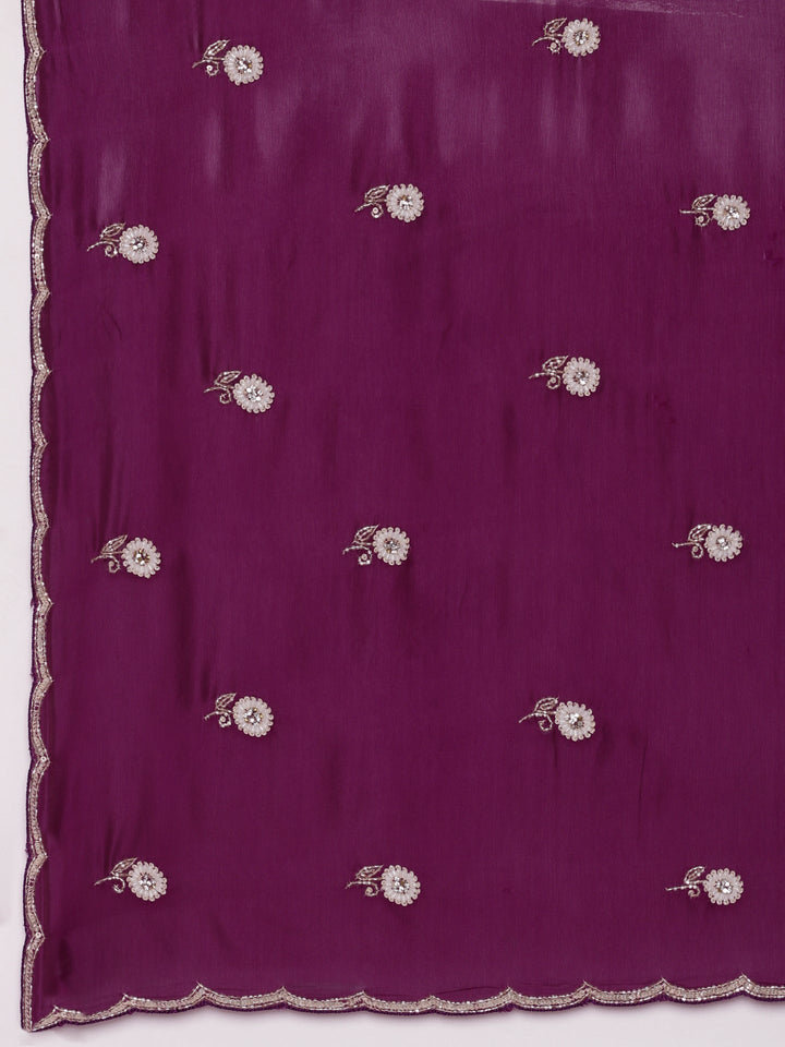 Purple Crepe Hand Embroidery Saree