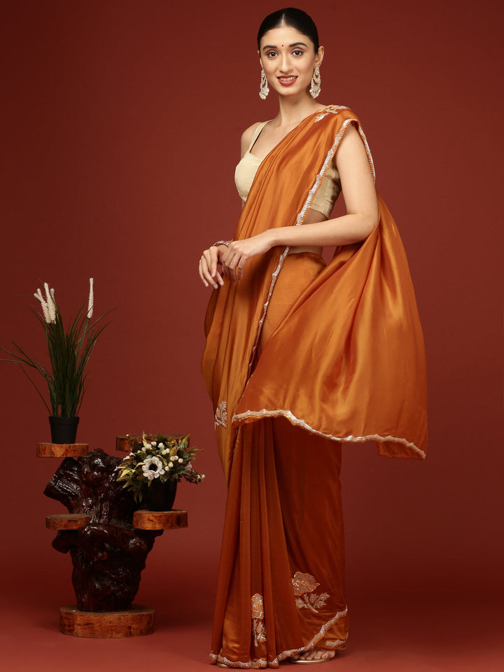 Neerus Yellow crepe hand embroidered saree - front view