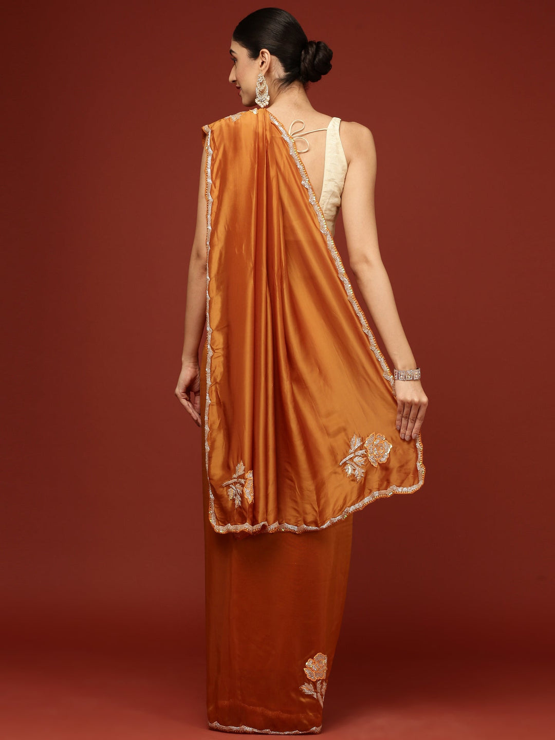 Neerus Yellow crepe hand embroidered saree - side view