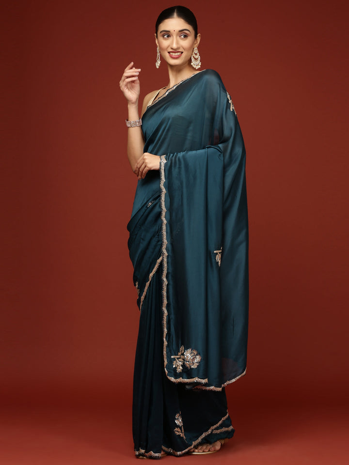 Neerus Blue crepe hand embroidered saree with peacock motifs - back view