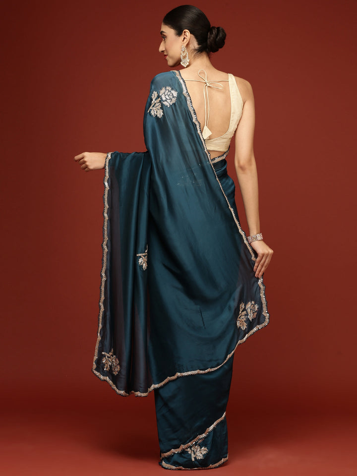 Neerus Blue crepe hand embroidered saree with peacock motifs - side view