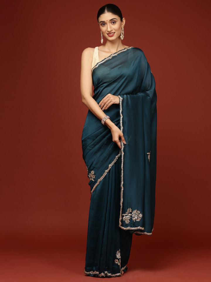 Neerus Blue crepe hand embroidered saree with peacock motifs - front view