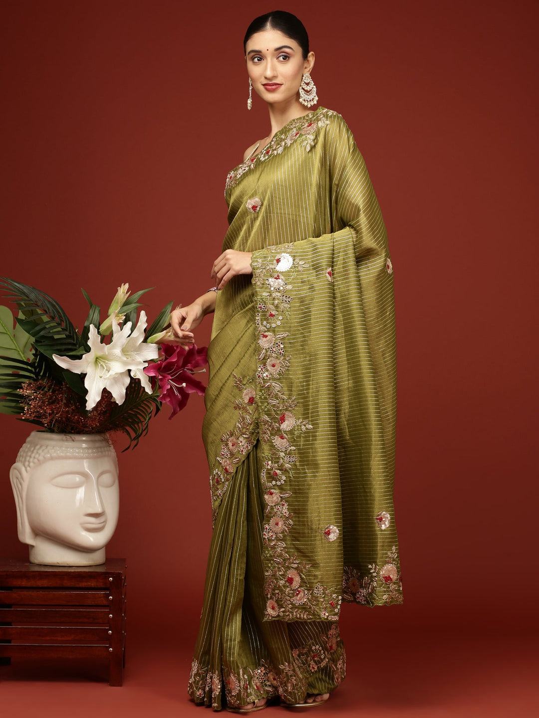 Neerus Green tissue hand embroidered saree - detail view 1