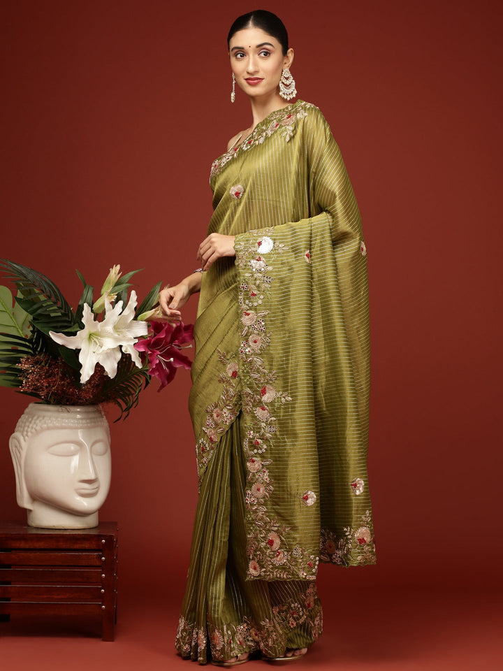 Neerus Green tissue hand embroidered saree - detail view 1