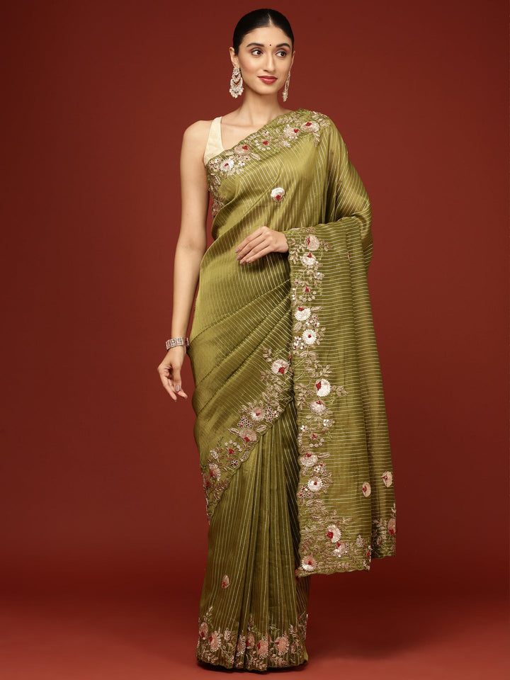 Neerus Green tissue hand embroidered saree - front view