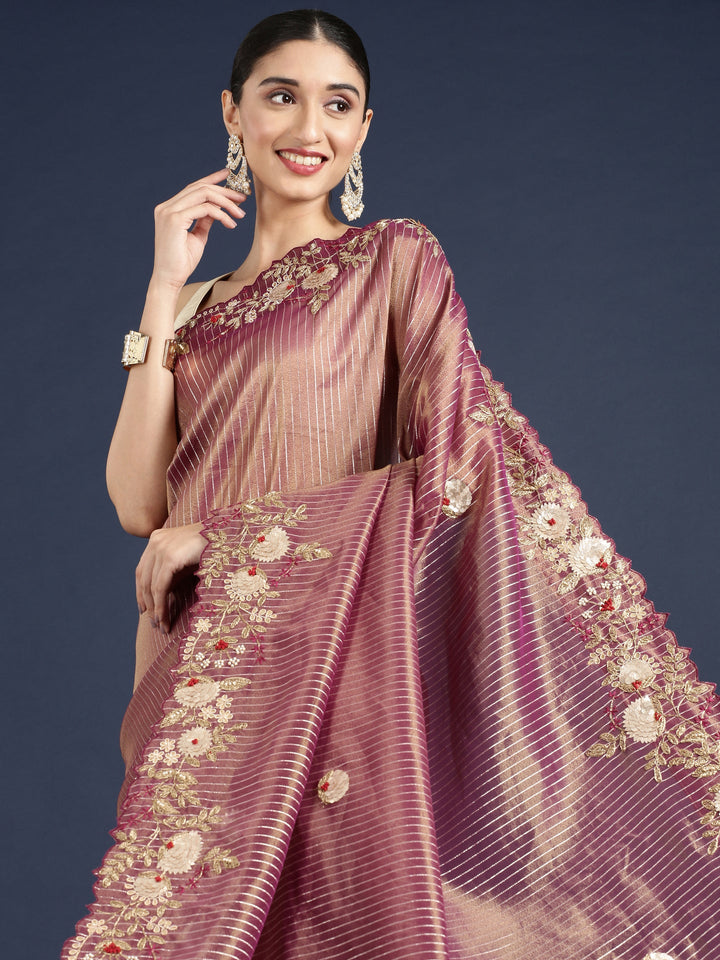 Neerus Maroon tissue hand embroidered saree - detail view 1