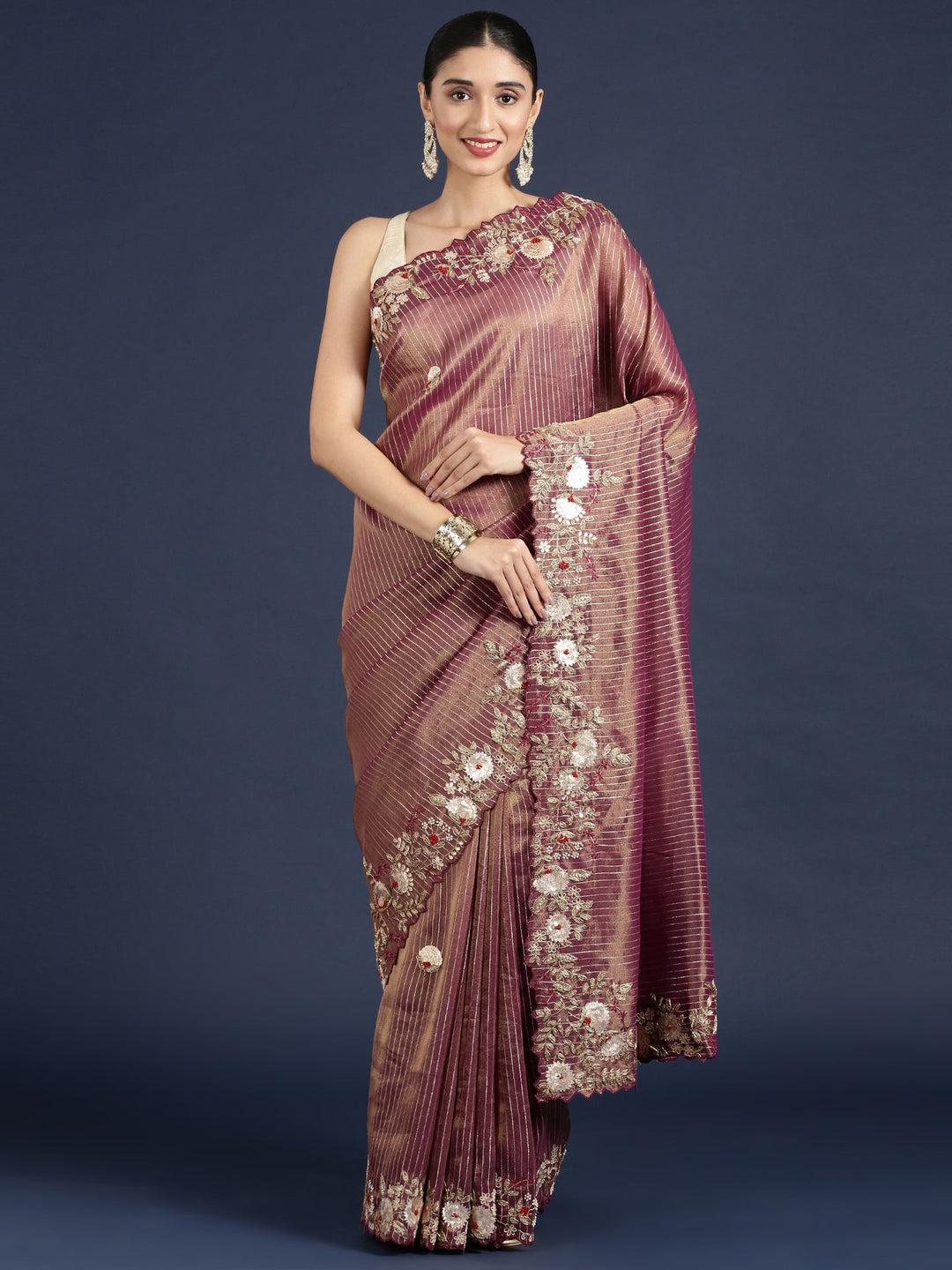 Neerus Maroon tissue hand embroidered saree - front view