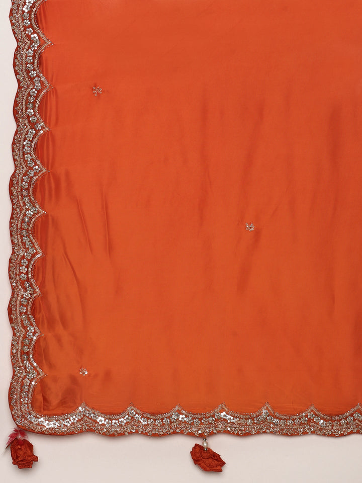 Orange Crepe Saree With Heavy Work Readymade Blouse