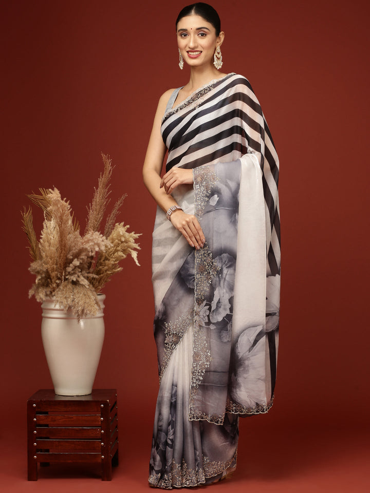 Neerus Black crepe woven saree monochrome - detail view 1