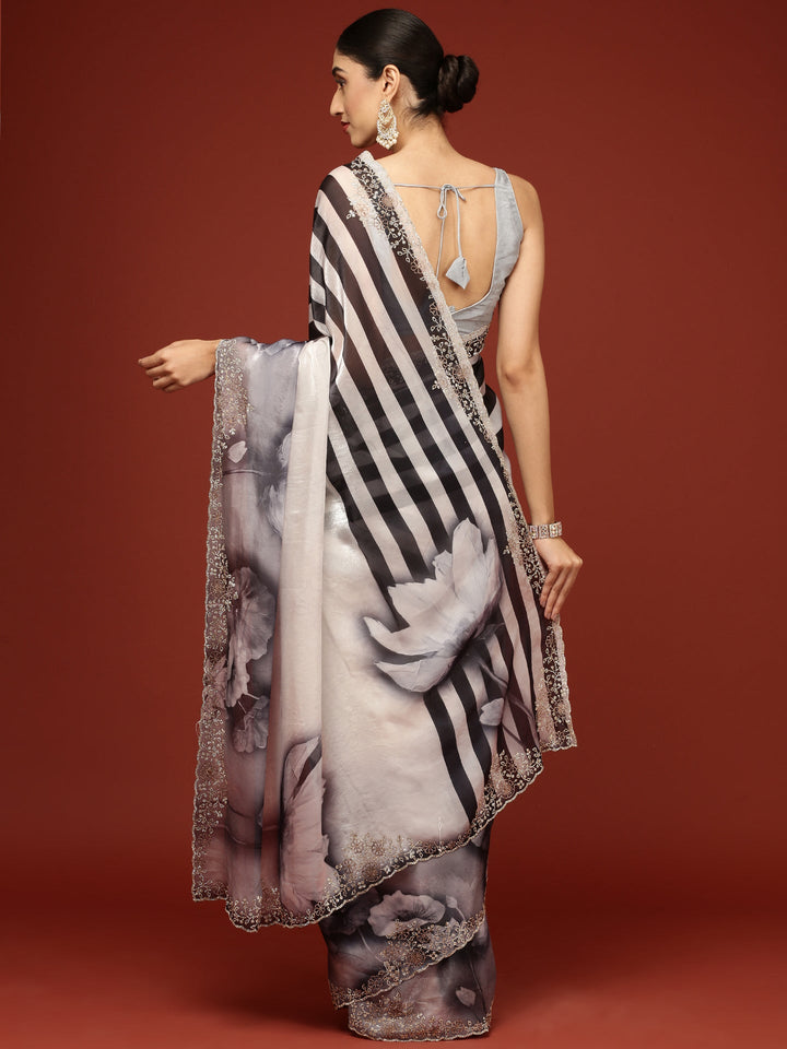 Neerus Black crepe woven saree monochrome - back view