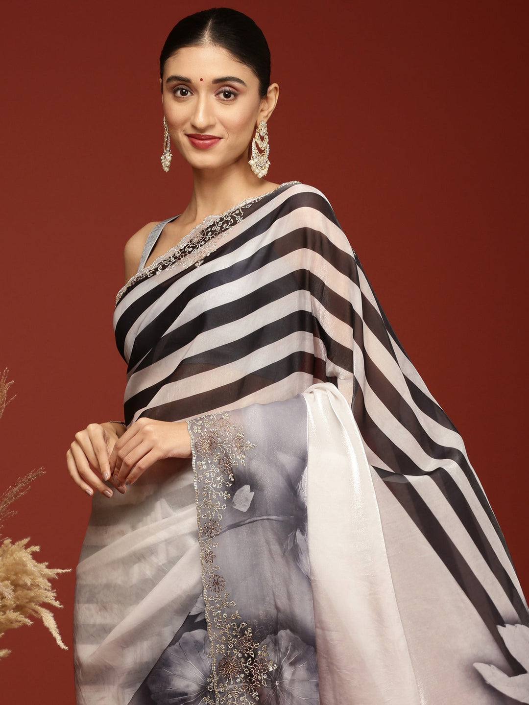 Neerus Black crepe woven saree monochrome - side view