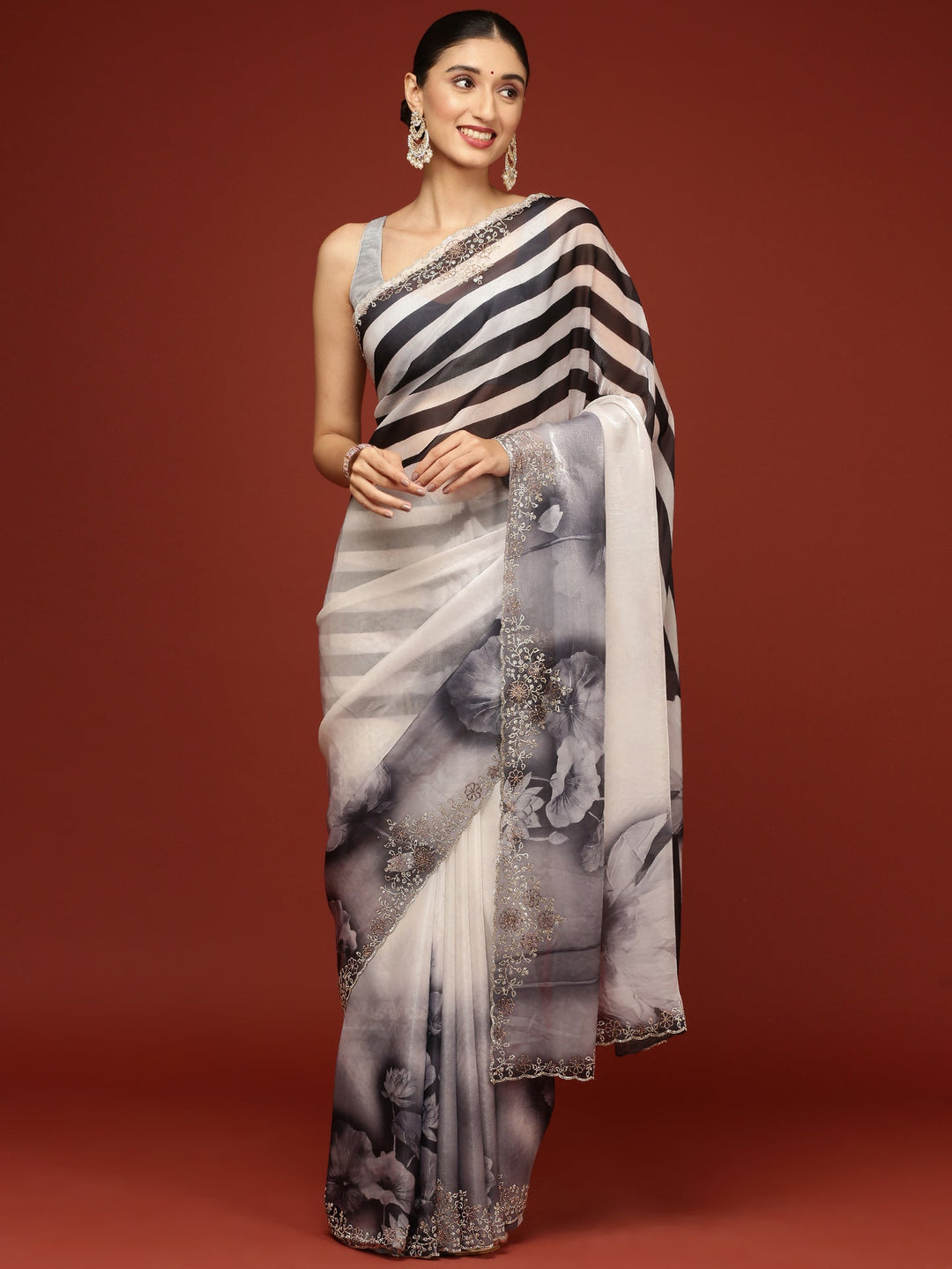 Neerus Black crepe woven saree monochrome - front view