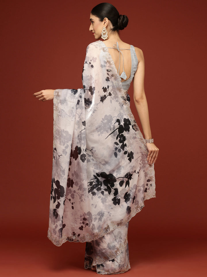 Neerus Black crepe woven saree with white contrast - back view