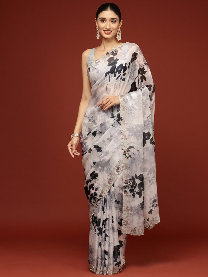 Neerus Black crepe woven saree with white contrast - detail view 1
