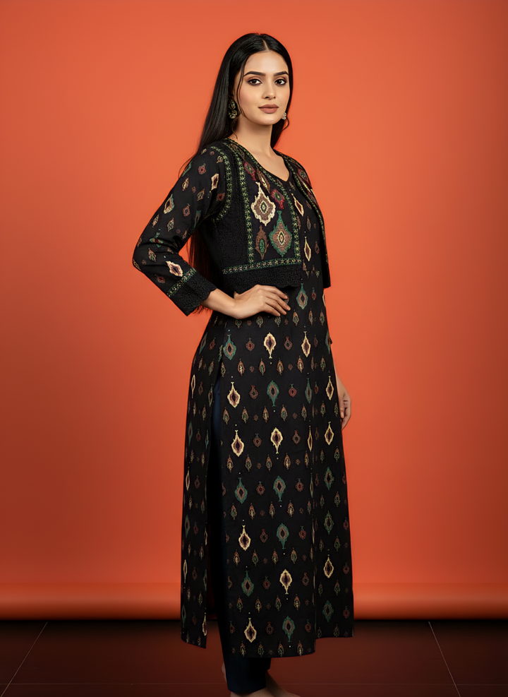Neerus Black cotton digital printed kurti - detail view 2