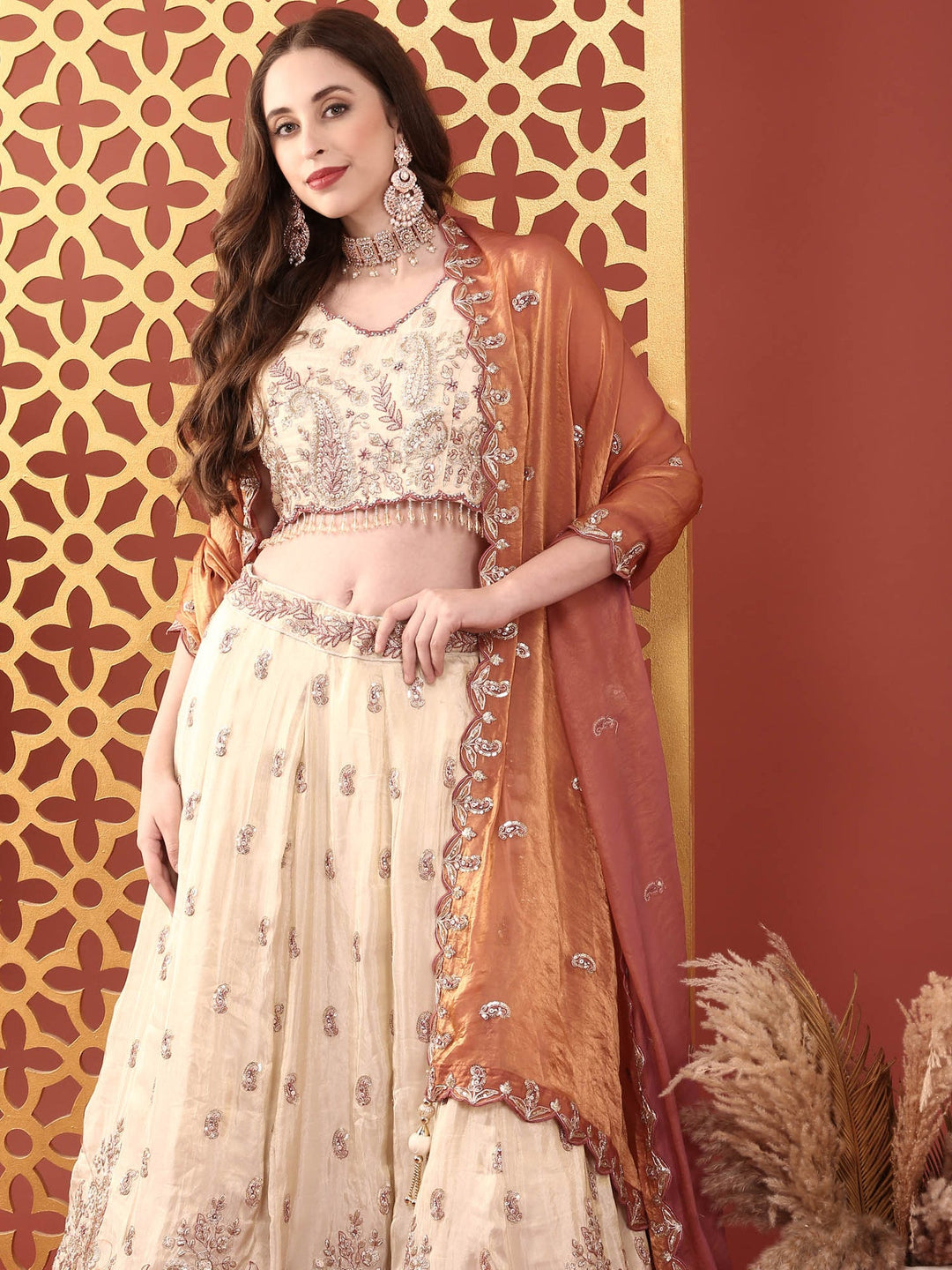 Neerus Beige tissue hand embroidered lehenga set - detail view 4