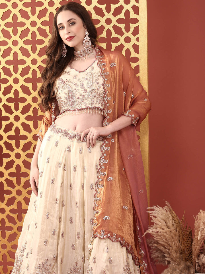 Neerus Beige tissue hand embroidered lehenga set - detail view 4
