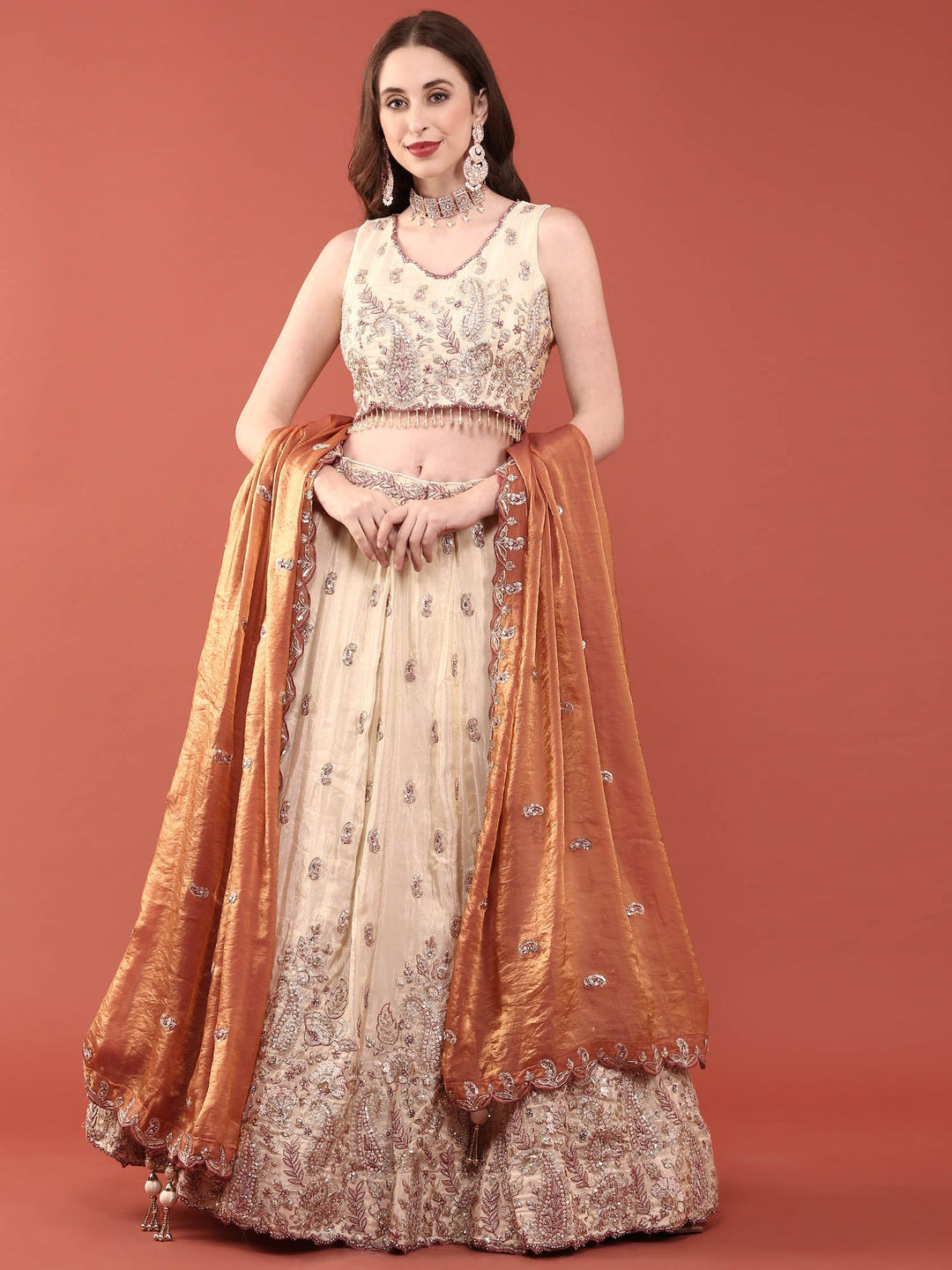 Neerus Beige tissue hand embroidered lehenga set - back view