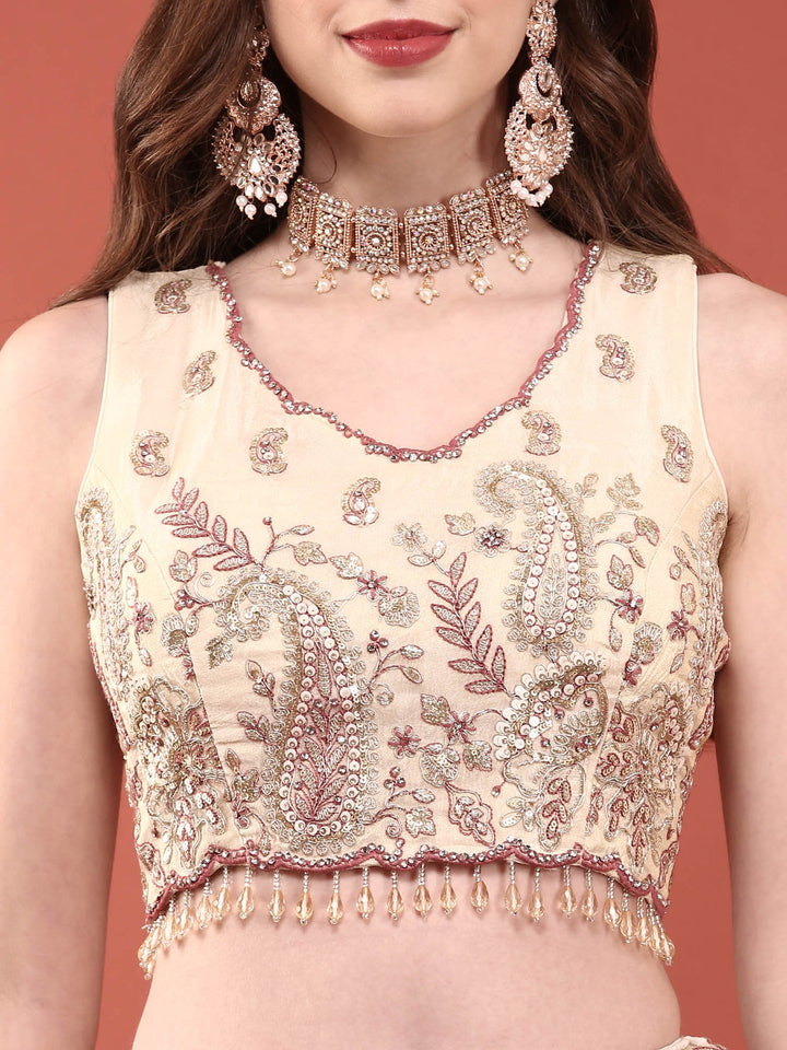 Cream Tissue With Heavy Hand Embroidery Ghagra Set