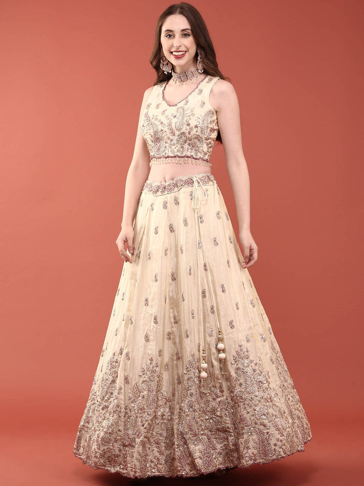 Neerus Beige tissue hand embroidered lehenga set - side view