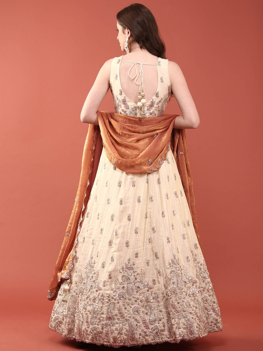 Neerus Beige tissue hand embroidered lehenga set - detail view 1