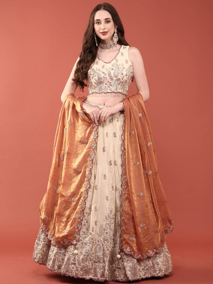 Cream Tissue With Heavy Hand Embroidery Ghagra Set