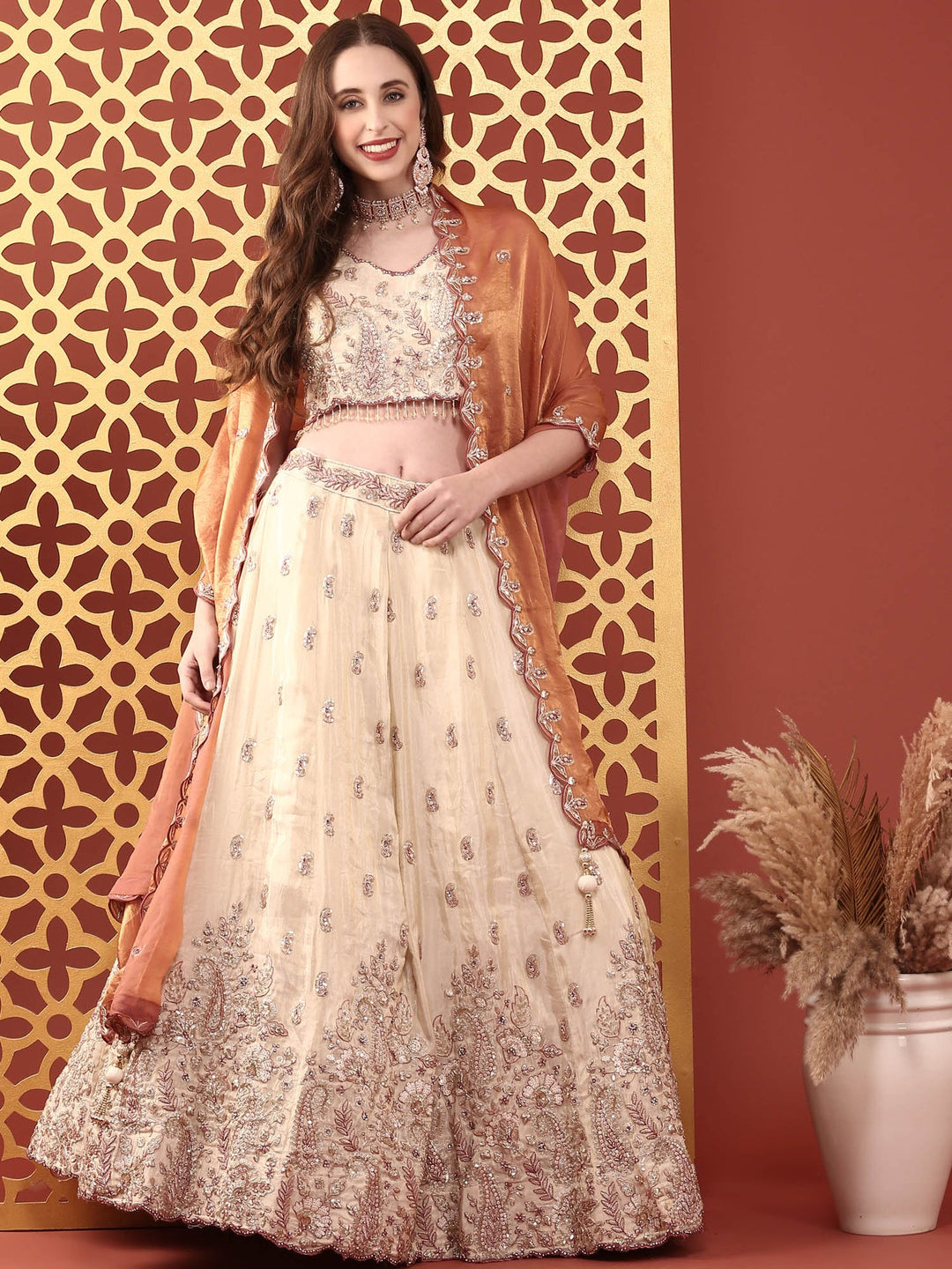 Neerus Beige tissue hand embroidered lehenga set - front view