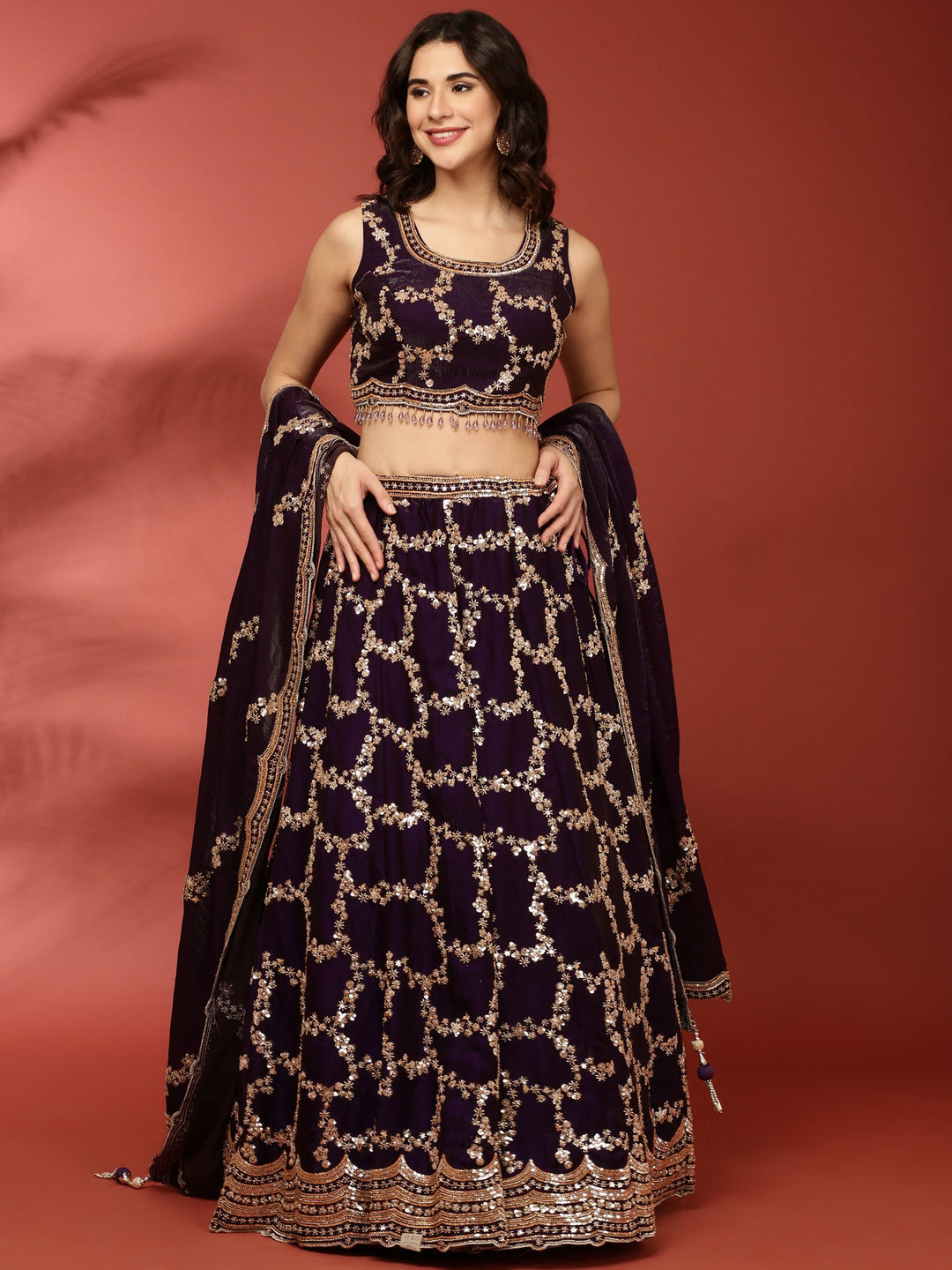 Neerus Purple tissue hand embroidered lehenga set - front view
