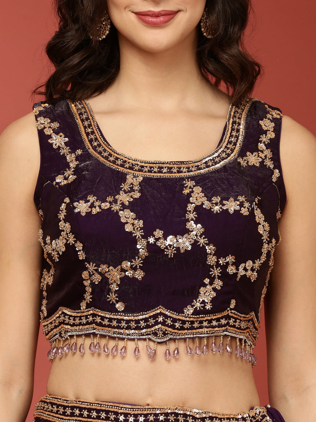 Neerus Purple tissue hand embroidered lehenga set - detail view 1