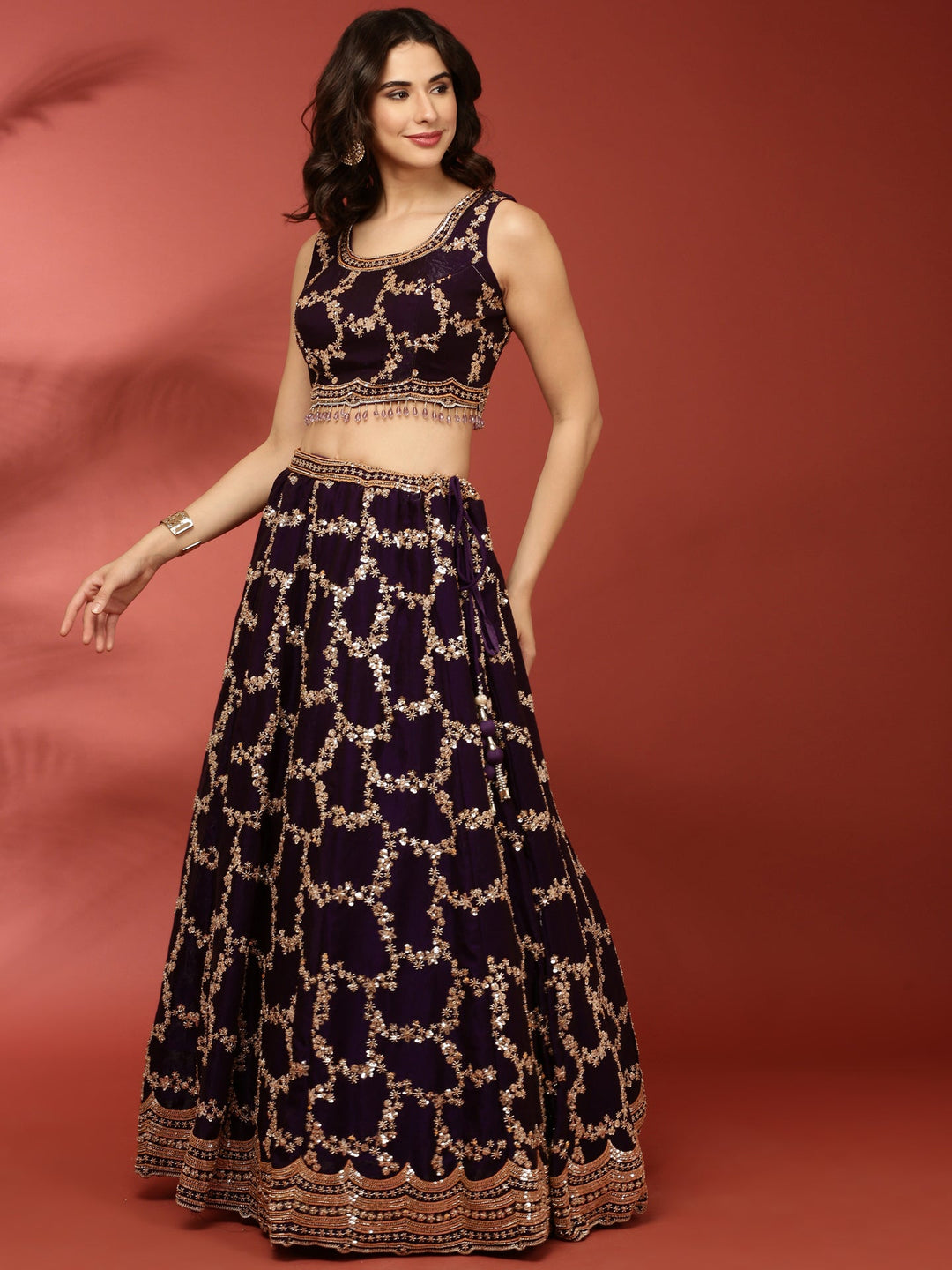 Neerus Purple tissue hand embroidered lehenga set - back view