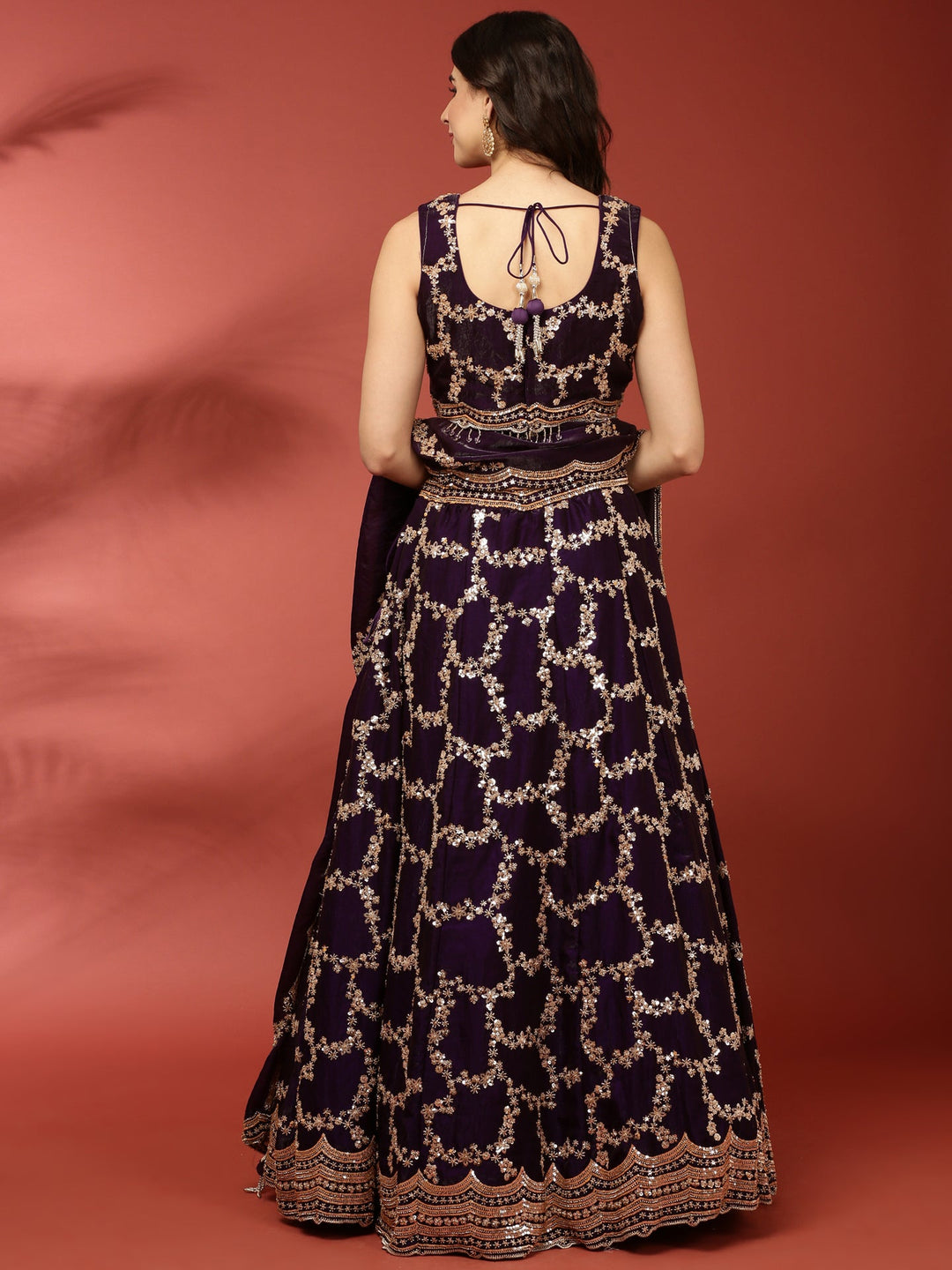 Neerus Purple tissue hand embroidered lehenga set - side view