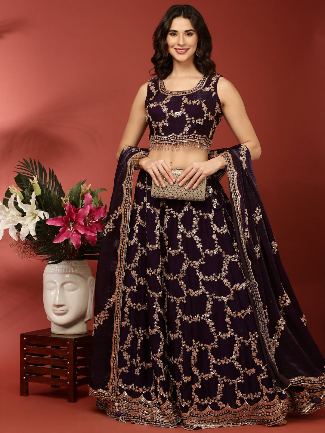 Neerus Purple tissue hand embroidered lehenga set - detail view 2