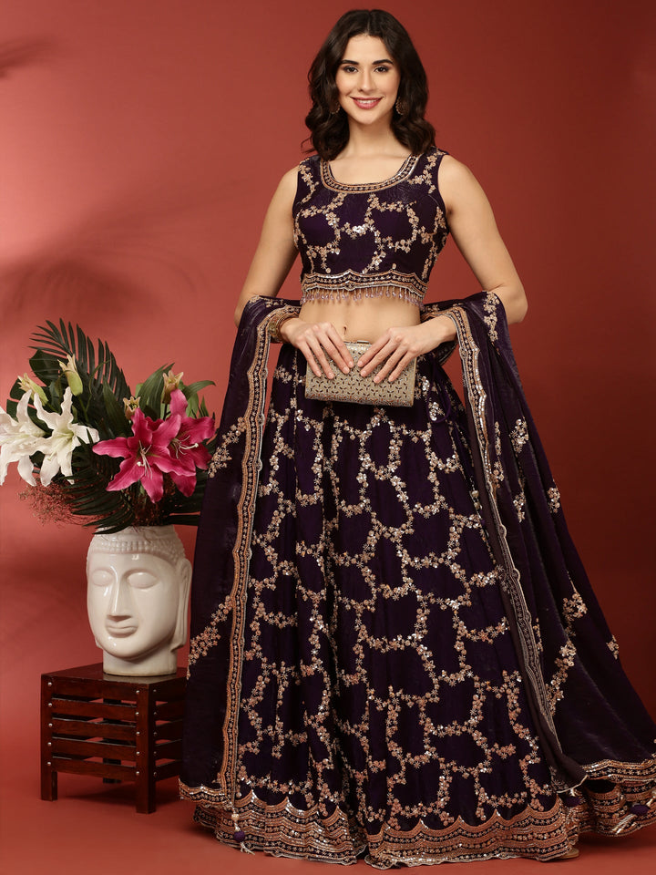 Neerus Purple tissue hand embroidered lehenga set - detail view 2