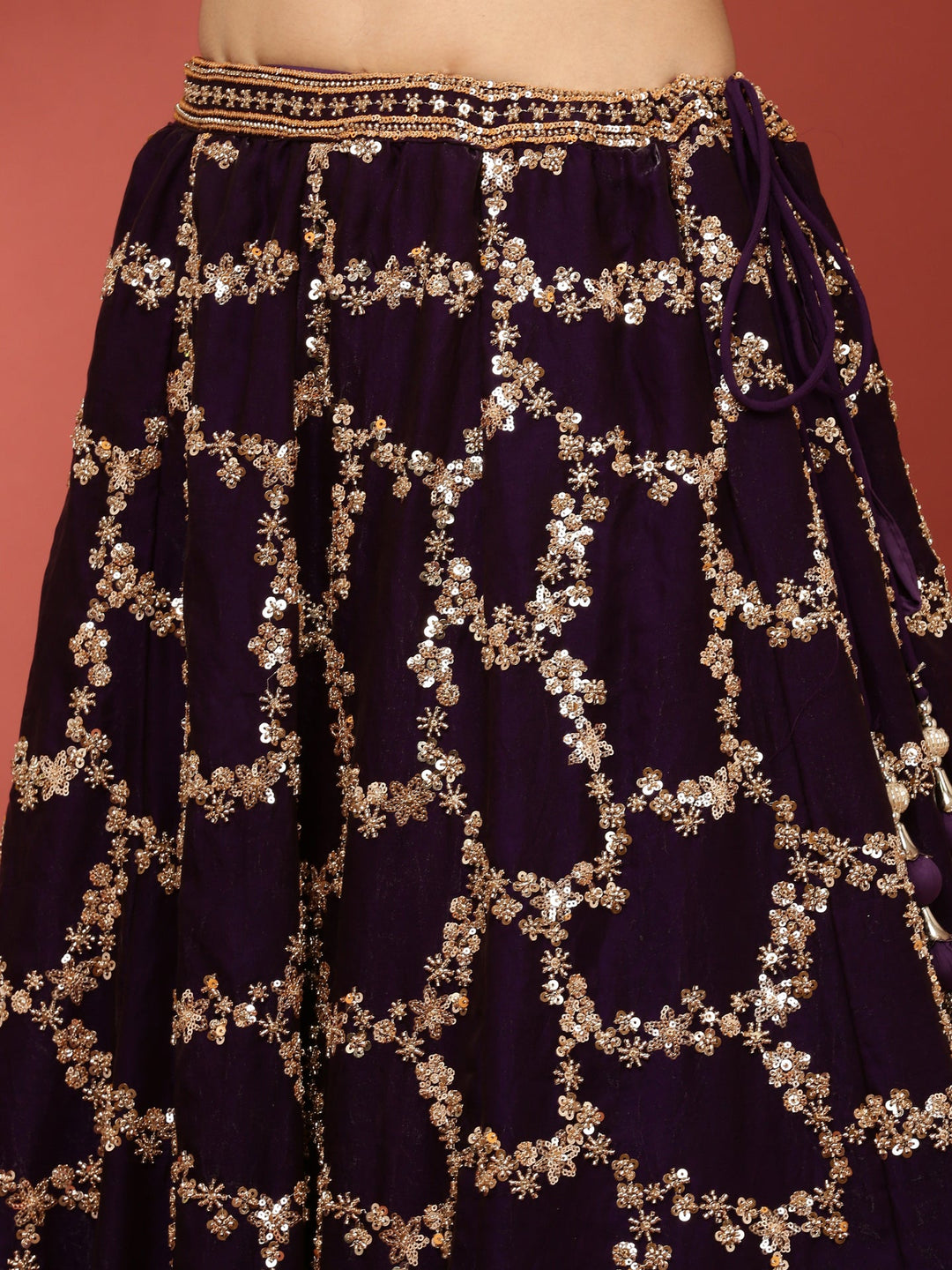 Neerus Purple tissue hand embroidered lehenga set - detail view 3