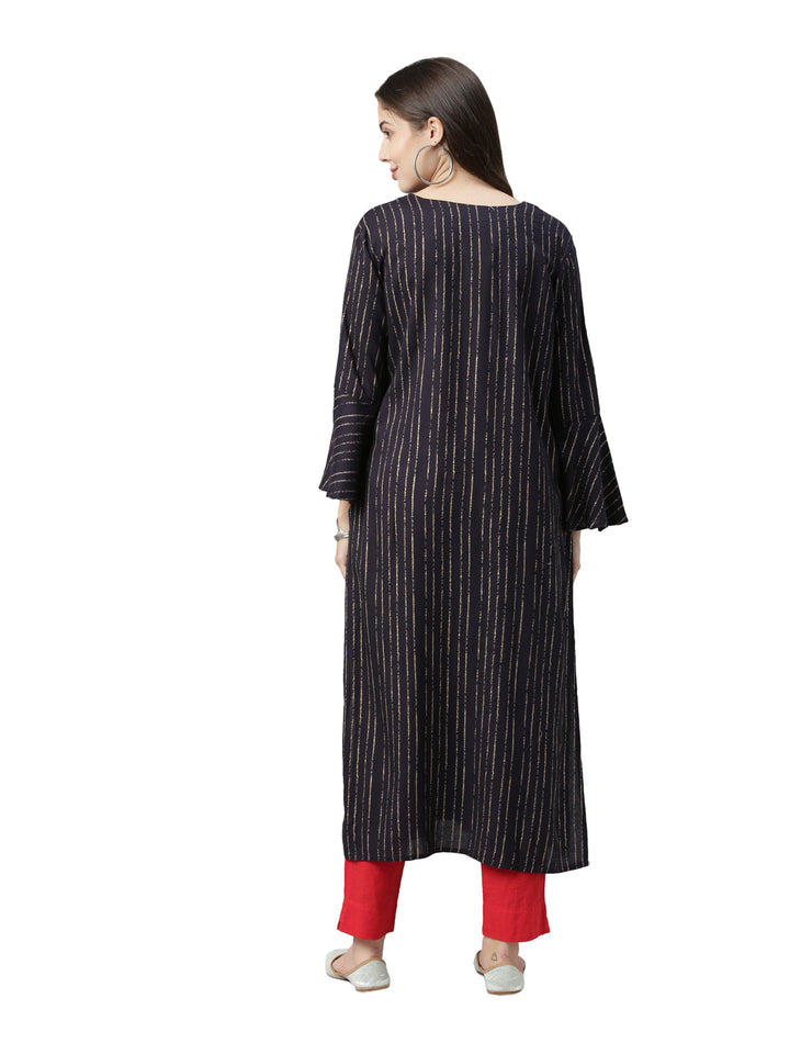 Neerus Blue striped printed rayon kurti - detail view 1