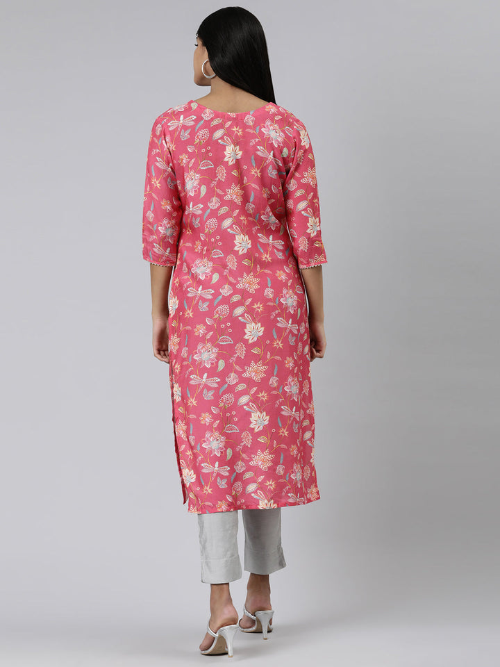 Neerus Maroon cotton printed kurti straight silhouette - side view