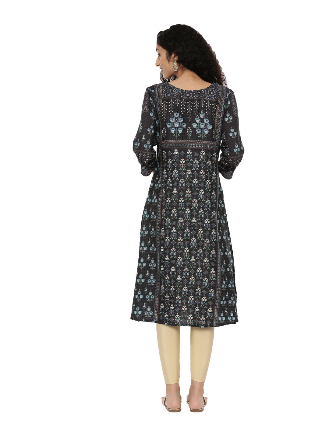 Neerus Black printed A-line kurti - side view