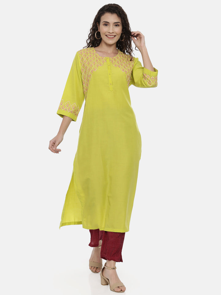 Neerus Yellow rayon thread embroidered kurti - detail view 2