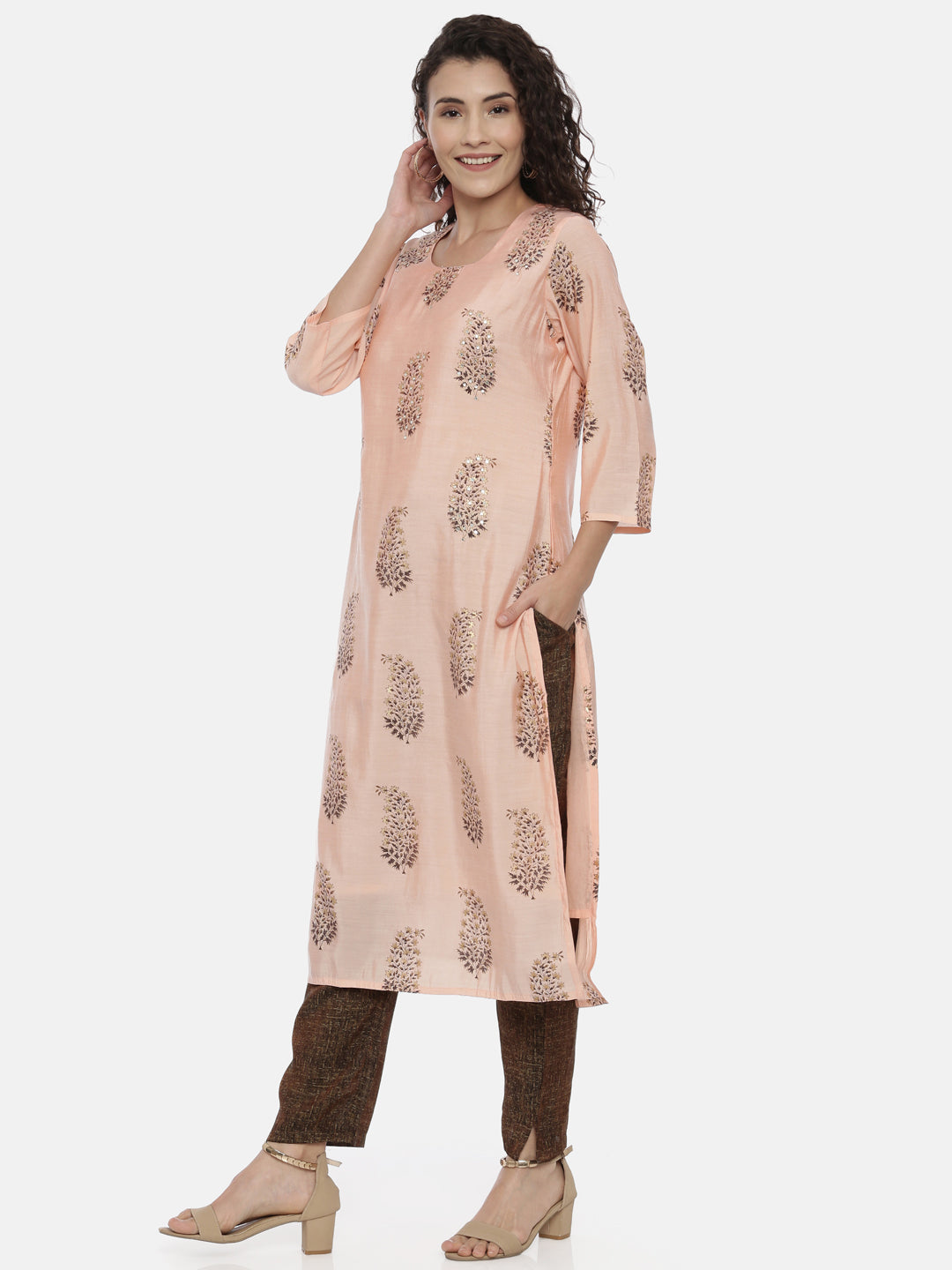 Neerus Beige rayon printed kurti - detail view 2