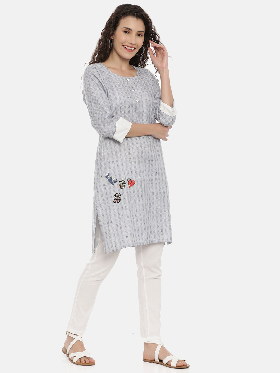 Neerus Grey printed geometric kurta for women - detail view 2