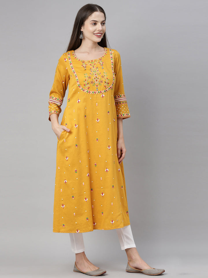 Neerus Yellow cotton embroidered kurta - back view